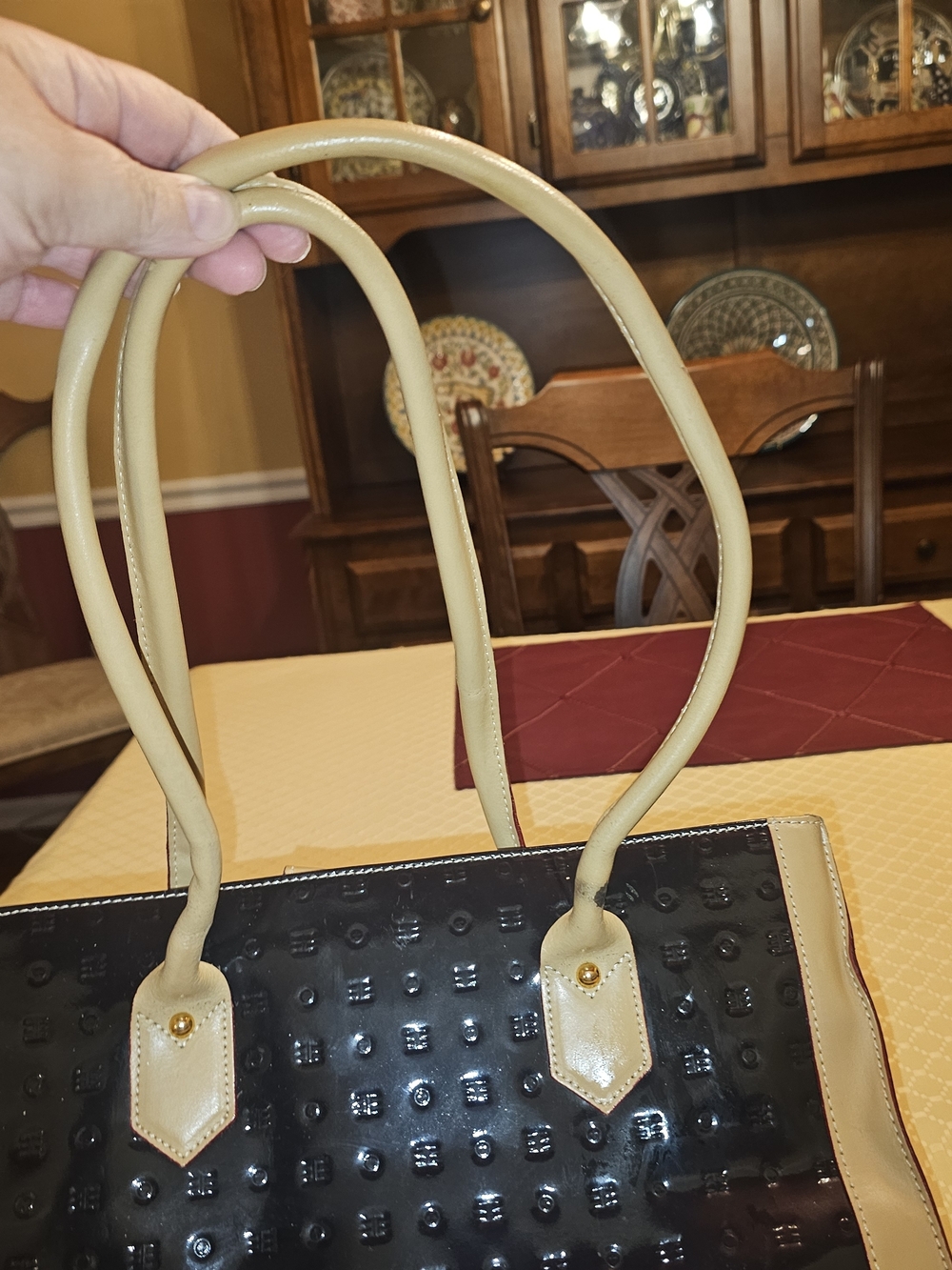 Arcadia Black Patent Tote with Cream Trim - Heavily Discounted Due To Damage - Picture 4 of 13